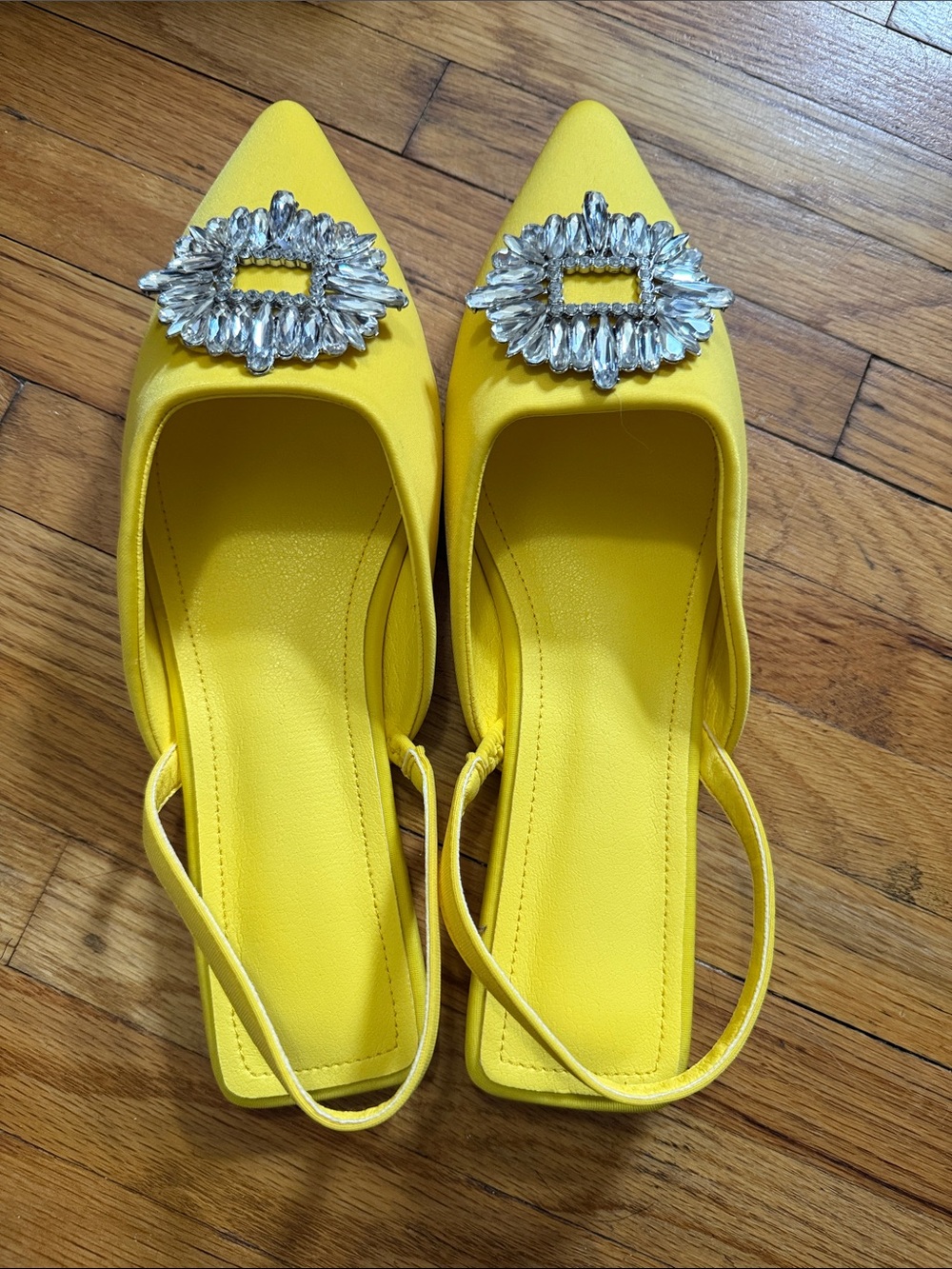 Yellow Pointed-Toe Slingback Flats with Crystal Buckle